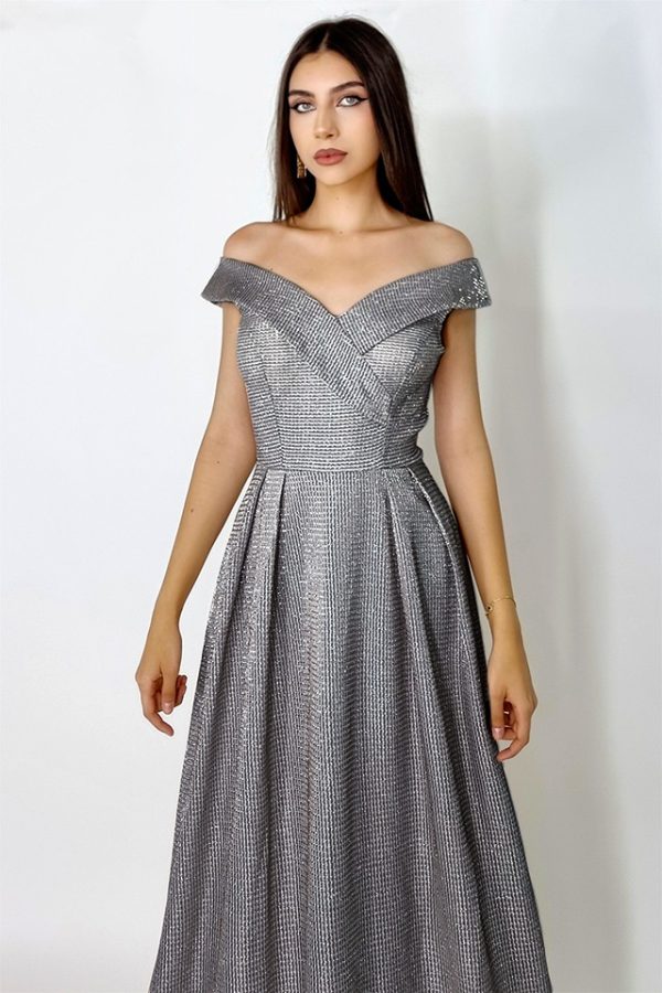 Rochie lunga Elize, cu pliuri definite si decolteu cu mansete pe umeri, Argintiu inchis, Marime universala S/M 3