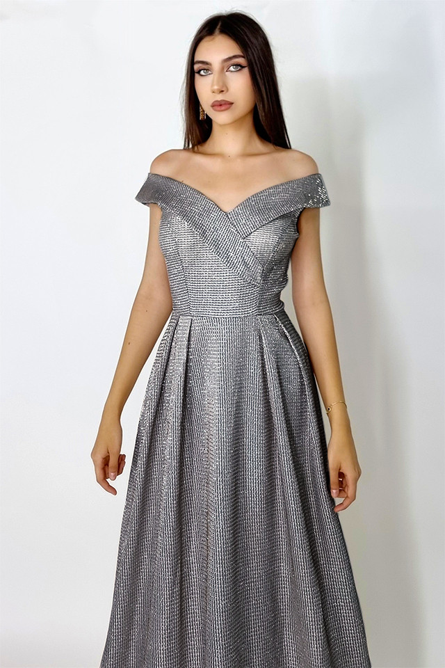 Rochie lunga Elize, cu pliuri definite si decolteu cu mansete pe umeri, Argintiu inchis, Marime universala S/M 3