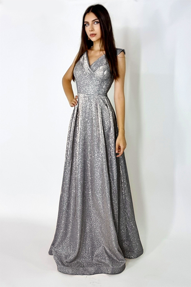 Rochie lunga Elize, cu pliuri definite si decolteu cu mansete pe umeri, Argintiu inchis, Marime universala S/M 4