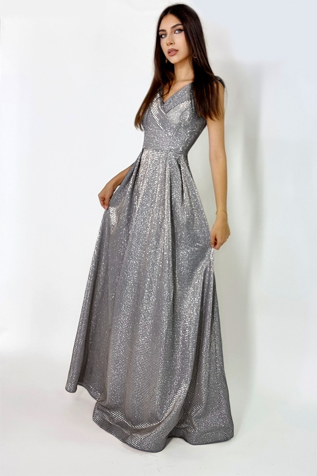 Rochie lunga Elize, cu pliuri definite si decolteu cu mansete pe umeri, Argintiu inchis, Marime universala S/M 5