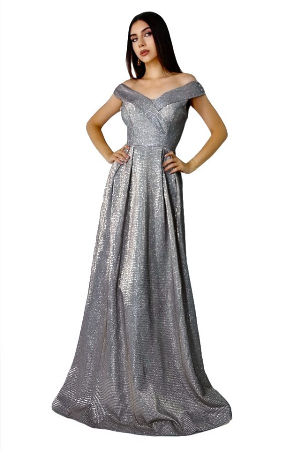 Rochie lunga Elize, cu pliuri definite si decolteu cu mansete pe umeri, Argintiu inchis, Marime universala S/M 6