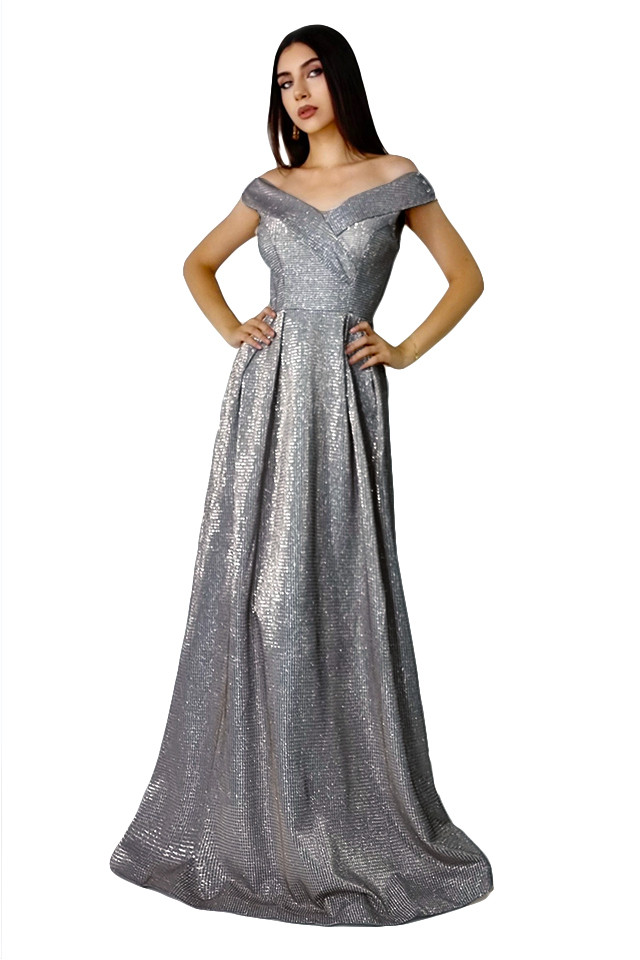 Rochie lunga Elize, cu pliuri definite si decolteu cu mansete pe umeri, Argintiu inchis, Marime universala S/M 6
