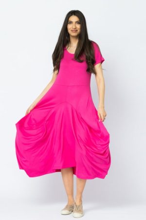 Rochie lunga in colturi, din tricot de vascoza, fucsia 1
