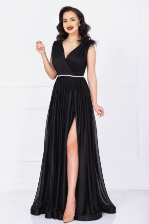 Rochie Maia de nasa neagra lunga eleganta cu sclipici si accesoriu cu fulgi 1