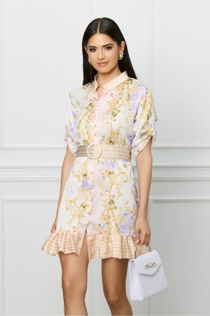 Rochie Malina alba cu imprimeuri lila si curea in talie 1