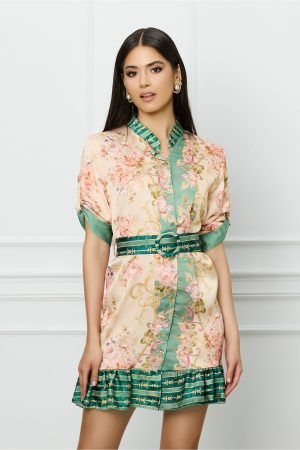 Rochie Malina bej cu imprimeuri verzi si curea in talie 1