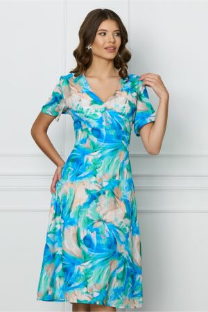 Rochie Mara albastra cu imprimeuri turcoaz si bej 1