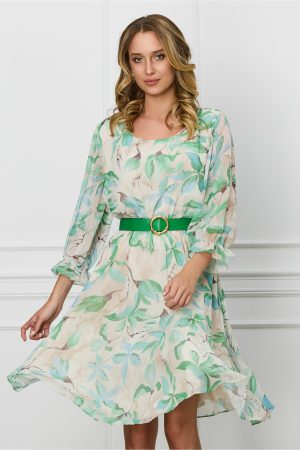 Rochie Mara bej din voal cu imprimeuri verzi si curea in talie 1