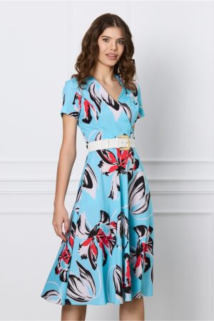 Rochie Mara bleu cu flori rosii si curea in talie 1