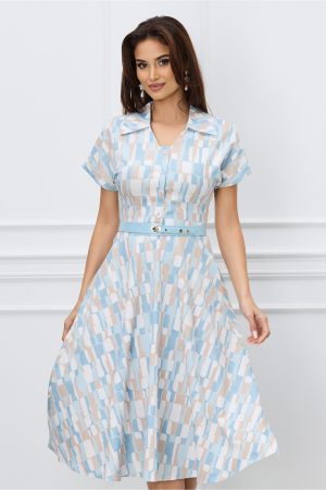 Rochie Mara bleu cu imprimeuri bej si curea in talie 1