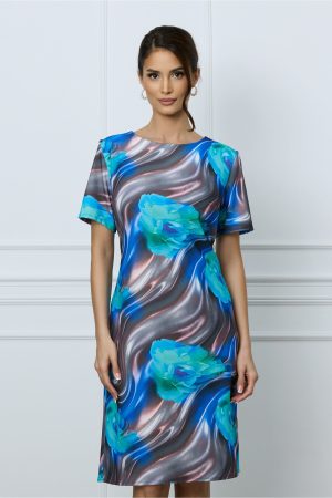 Rochie Mara gri cu imprimeu floral turcoaz 1
