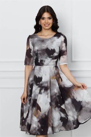 Rochie Mara gri cu imprimeu negru si maro 1