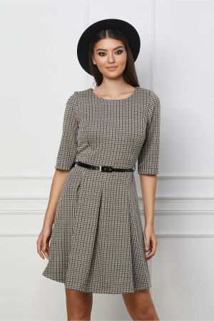 Rochie Mara gri cu imprimeu pepit si curea in talie 1