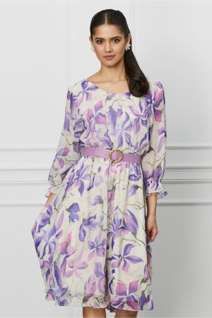 Rochie Mara ivory din voal cu imprimeuri mov si curea in talie 1