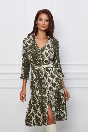 Rochie Mara kaki cu imprimeuri bej si curea in talie 1