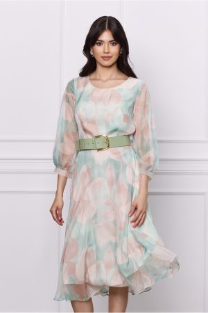 Rochie Mara verde mint cu imprimeu bej si curea in talie 1