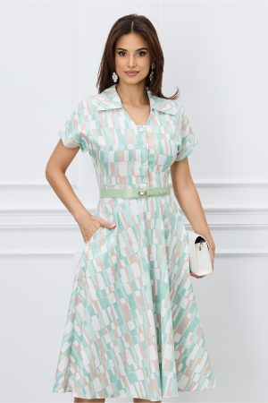 Rochie Mara vernil cu imprimeuri bej si curea in talie 1