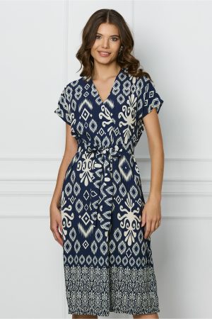 Rochie Maria bleumarin cu imprimeuri bej si cordon in talie 1