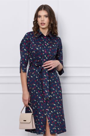 Rochie Maria tip camasa bleumarin cu imprimeu si cordon in talie 1