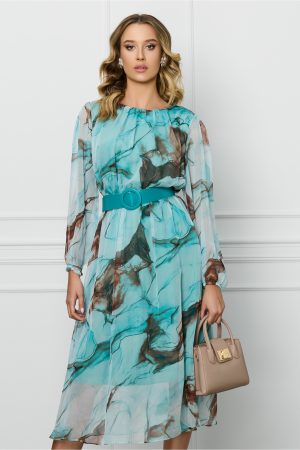 Rochie Maria turcoaz cu imprimeu maro si curea in talie 1