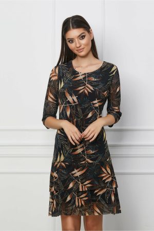 Rochie Marisa vaporoasa neagra cu imprimeu caramiziu 1
