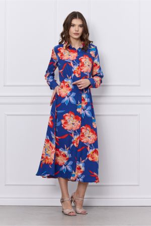 Rochie Mary albastra cu imprimeu corai si nasturi 1