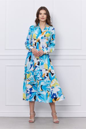 Rochie Mary bleu cu imprimeu galben si nasturi 1