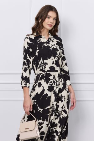 Rochie Mary ivory cu imprimeuri negre si nasturi 1