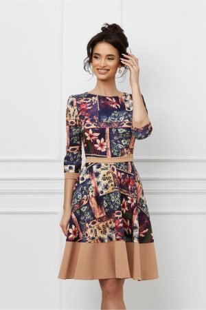 Rochie MBG bej cu imprimeu divers bleumarin 1
