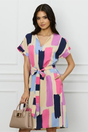 Rochie MBG bej cu imprimeu roz si cordon in talie 1