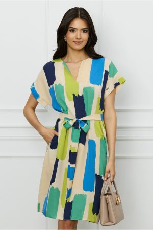 Rochie MBG bej cu imprimeu verde si cordon in talie 1