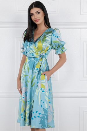 Rochie MBG bleu cu imprimeu floral turcoaz si verde 1