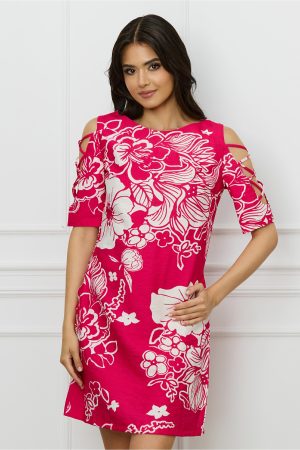 Rochie MBG fucsia cu imprimeuri albe si decupaje pe maneci 1