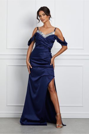 Rochie MBG lunga bleumarin cu paiete la decolteu 1