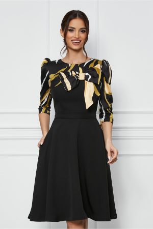 Rochie MBG neagra cu imprimeu pe bust si maneci 1