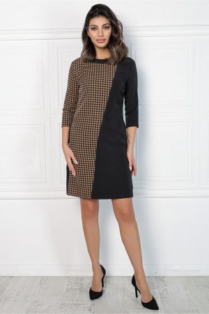 Rochie MBG neagra cu imprimeu pepit maro pe o parte 1