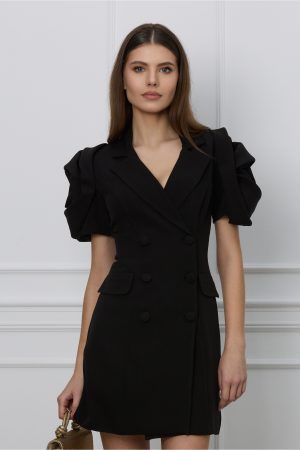 Rochie MBG neagra tip sacou cu flori pe maneci 1