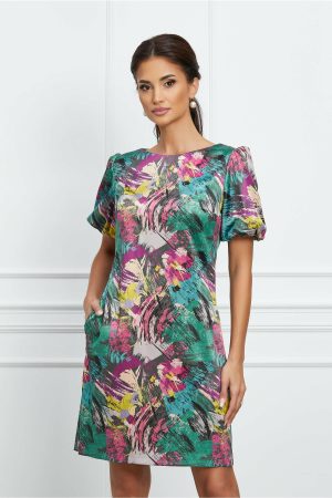 Rochie MBG verde cu imprimeuri mov si galbene 1