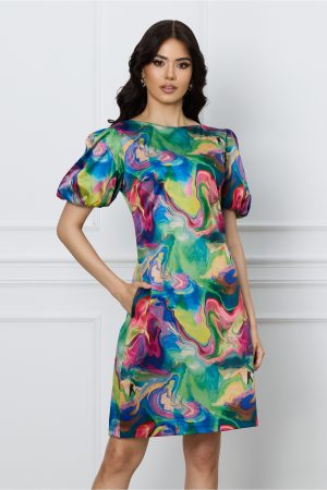 Rochie MBG verde cu imprimeuri roz si galbene 1