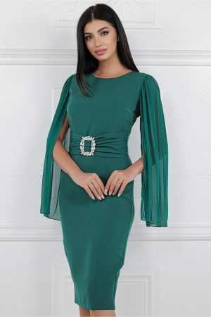 Rochie MBG verde cu maneci din voal si accesoriu in talie 1