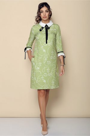 Rochie MBG verde fistic cu imprimeuri si guler alb 1