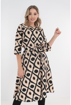 Rochie midi crem cu print geometric negru 1
