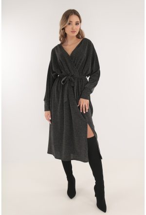 Rochie midi din lurex argintiu cu decolteu parte peste parte 1