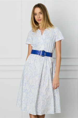 Rochie Mira alba cu imprimeu albastru si curea in talie 1