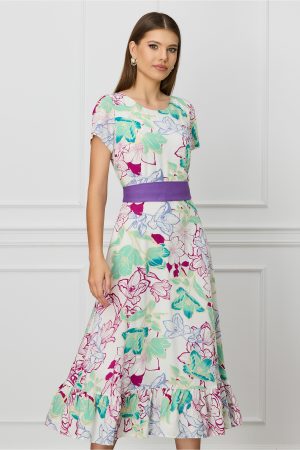 Rochie Mira alba cu imprimeu floral mov si cordon in talie 1