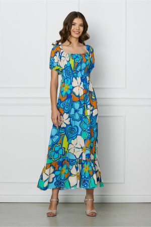 Rochie Mira albastra cu imprimeuri orange si elastic la bust 1