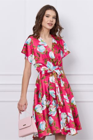 Rochie Mira fucsia cu imprimeuri florale si cordon in talie 1