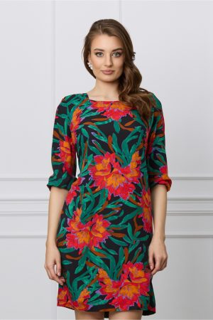Rochie Mirela neagra cu imprimeuri florale rosii 1