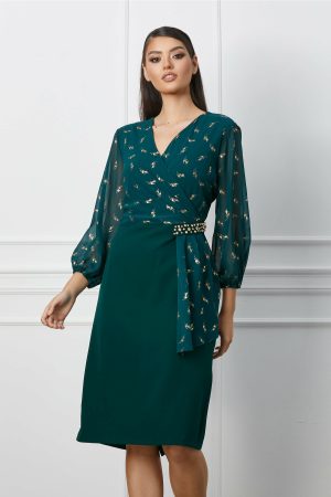 Rochie Mirela verde cu imprimeuri aurii 1