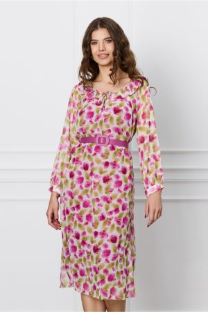 Rochie Mirena ivory cu imprimeuri fucsia si curea in talie 1